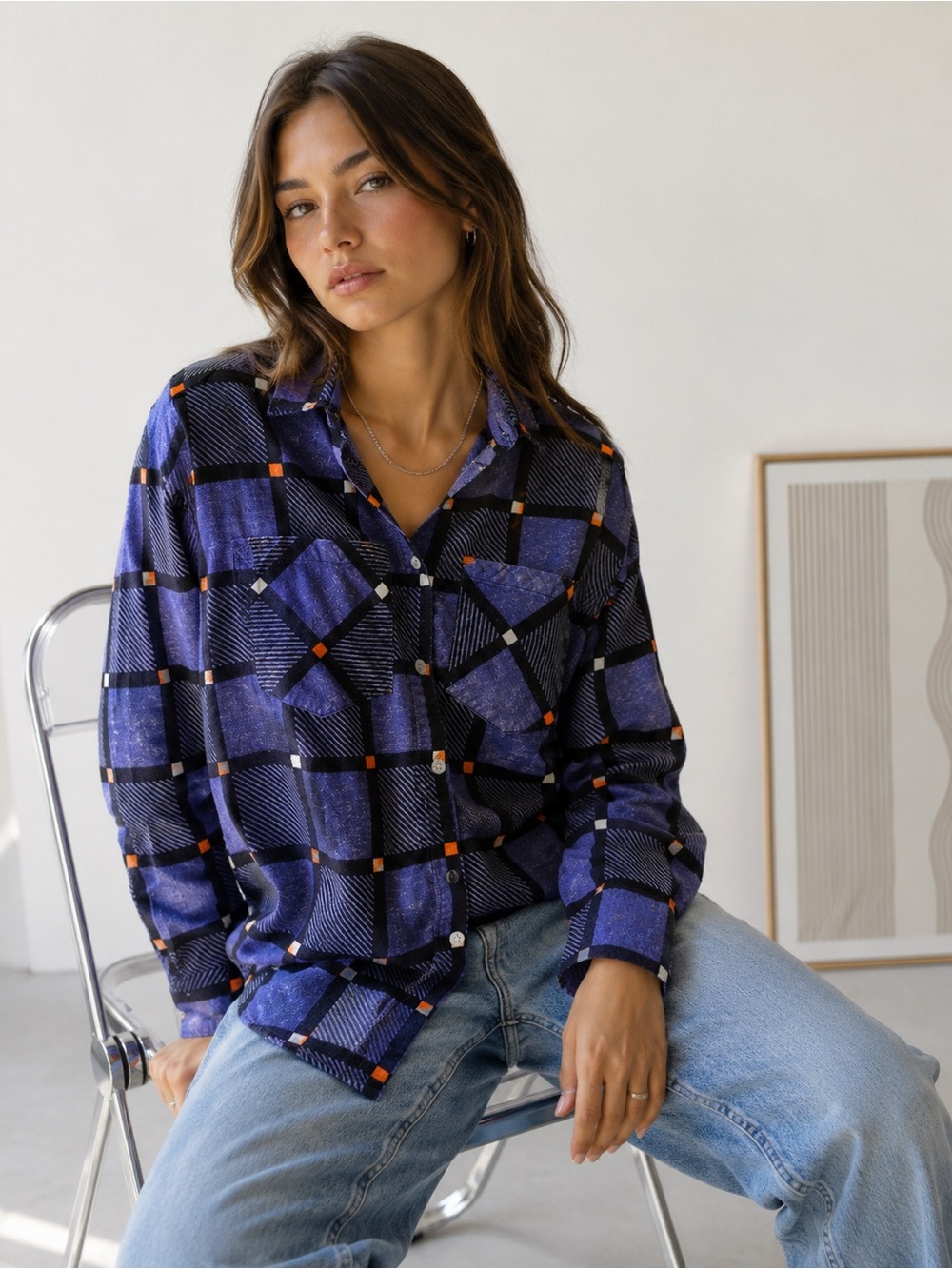 Calvin Klein Vintage Plaid Button Up Shirt Purple Black Women’s Small